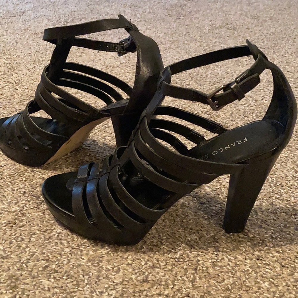 Franco Sarto black leather strappy 4” heels